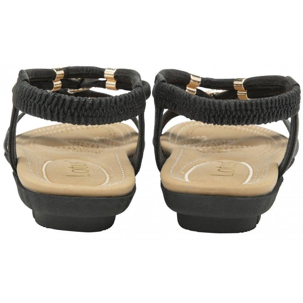 Lotus Bettina Black Strappy Gemmed Slingback Flat Sandals