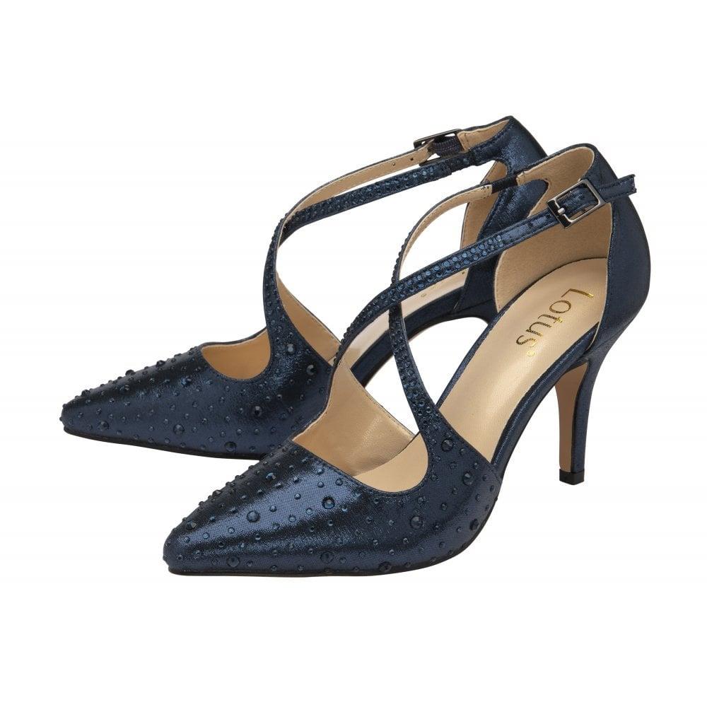 Lotus Ladies Panache Navy Diamante Cross Over Prom Occasion Stiletto Court Shoes