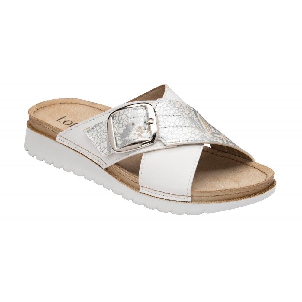 Lotus Ladies Marta White Cross Over Slip On Mule Slider Wedge Sandals