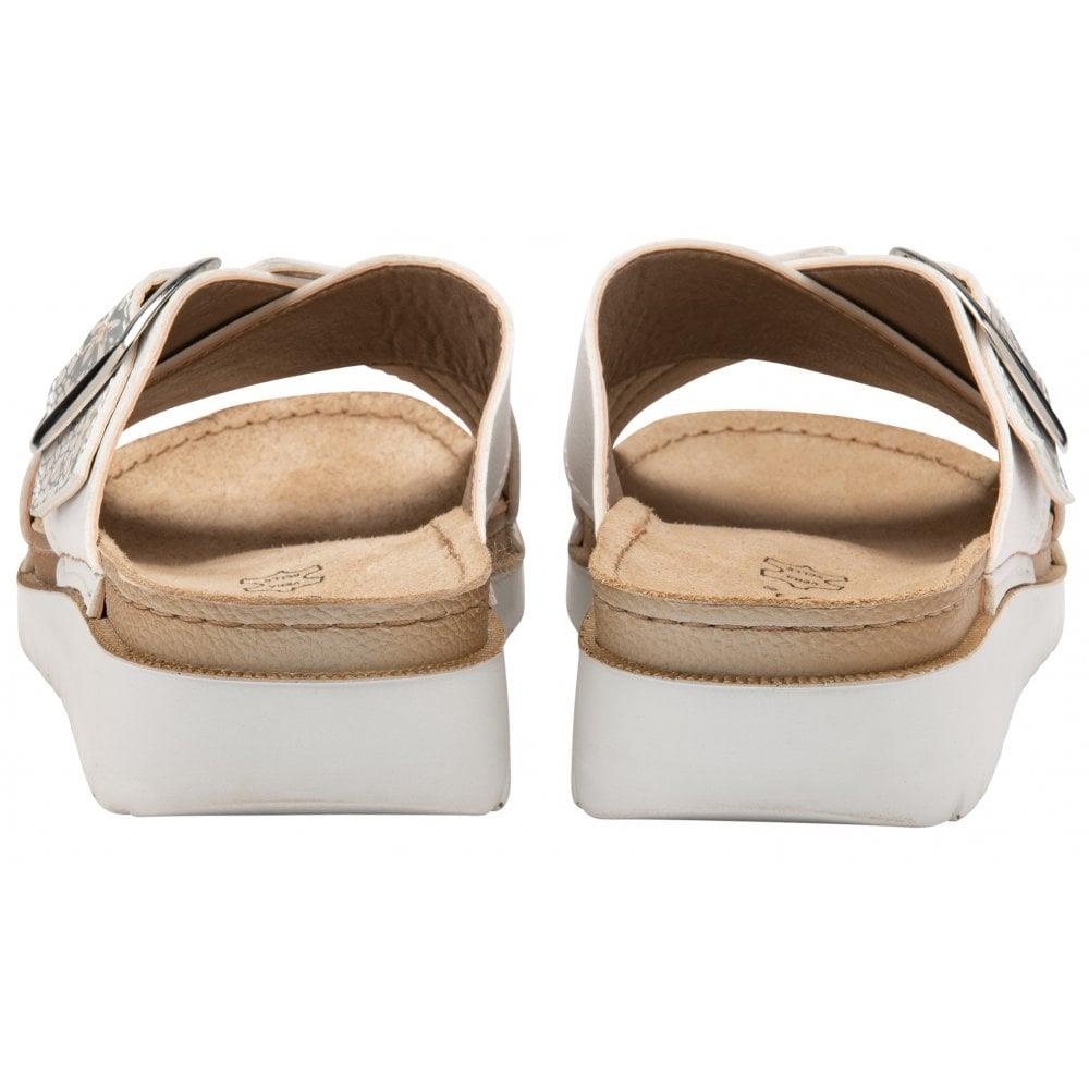 Lotus Ladies Marta White Cross Over Slip On Mule Slider Wedge Sandals
