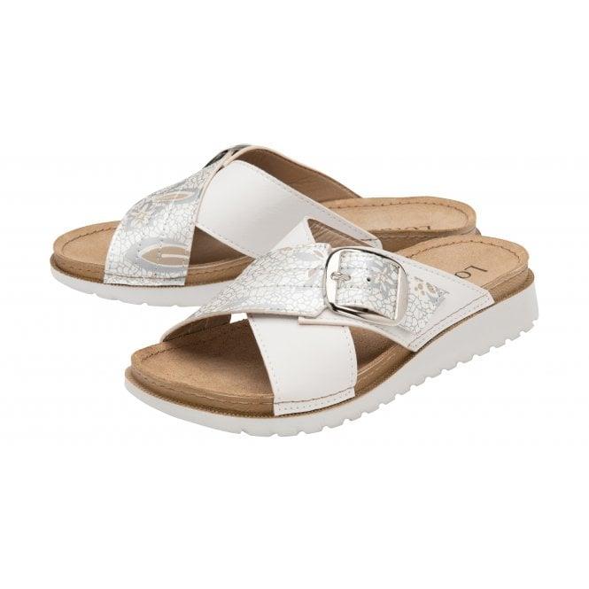 Lotus Ladies Marta White Cross Over Slip On Mule Slider Wedge Sandals