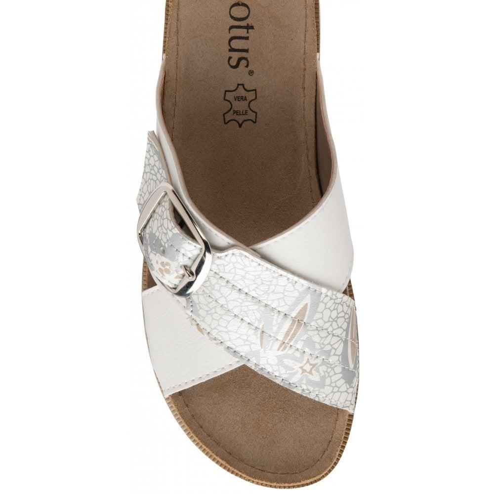 Lotus Ladies Marta White Cross Over Slip On Mule Slider Wedge Sandals