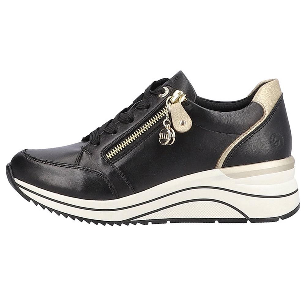 Remonte D0T03-01 Black Leather Extra Wide Fit Wedge Trainers