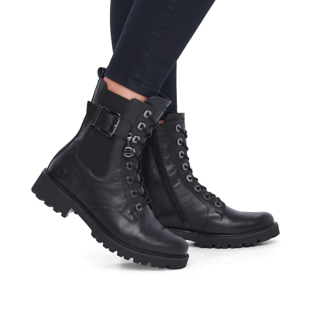 Remonte D8668-00 Black Leather Wide Fit Biker Ankle Boots