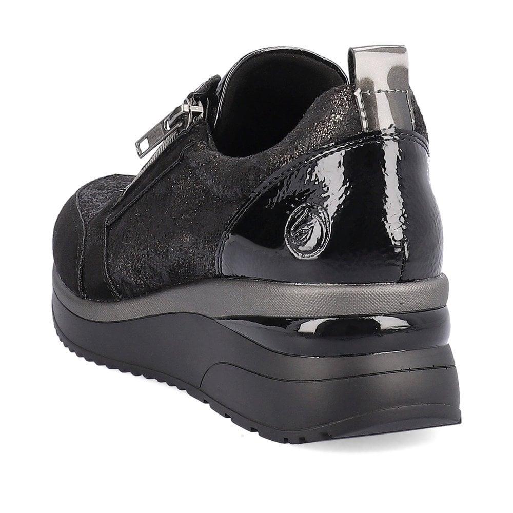 Remonte Ladies D2401-02 Black Shimmer Side Zip Wedge Trainer Shoes