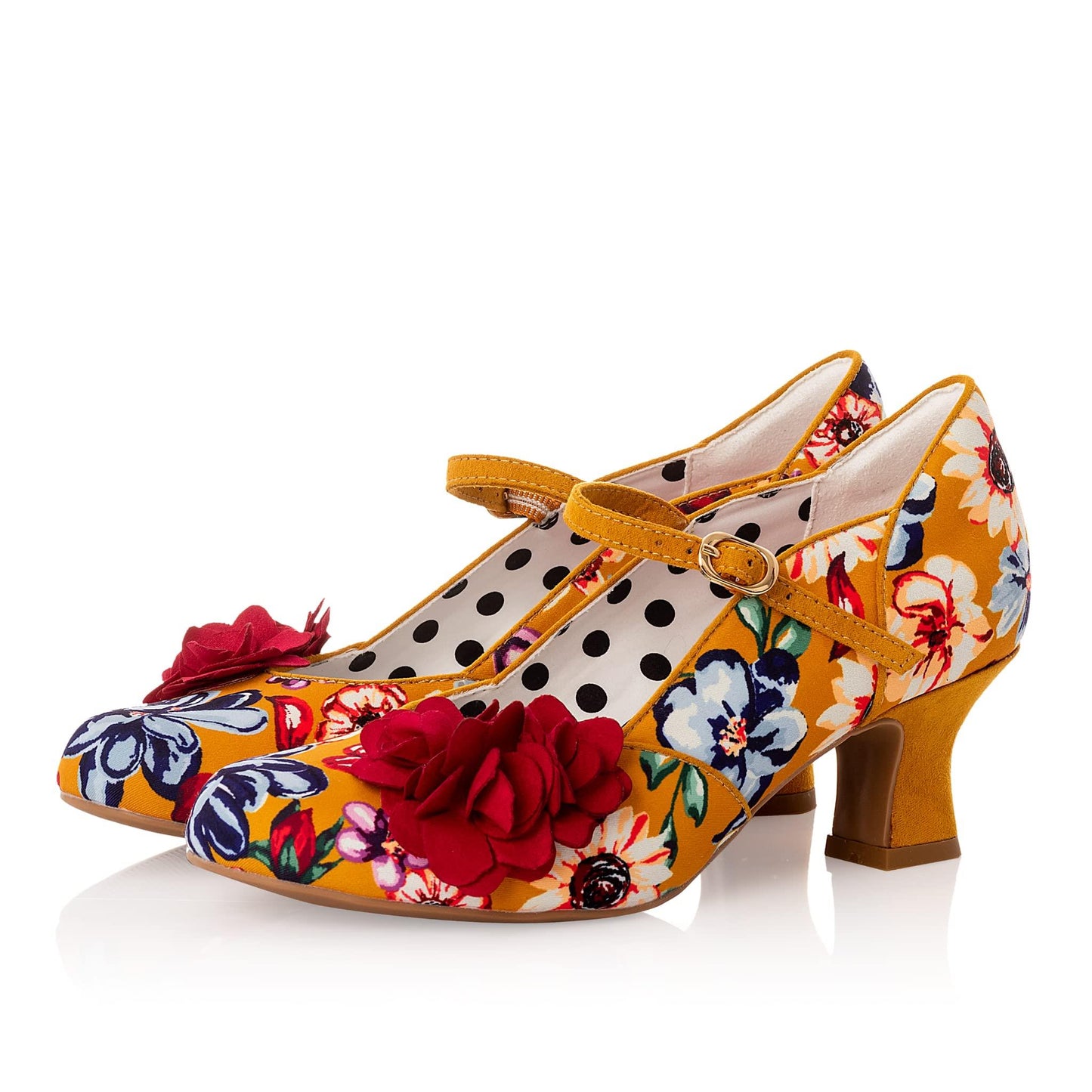 Ruby Shoo Gillian Ochre Mustard Vintage Inspired Floral Low Heeled Vegan Shoes