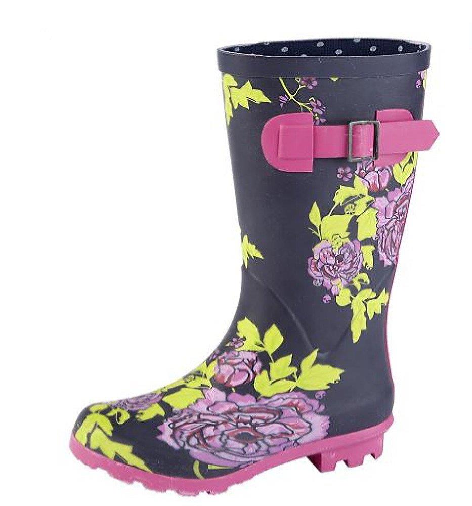 Girls Navy/Pink Floral Wellies Waterproof Wellington Boots W412C
