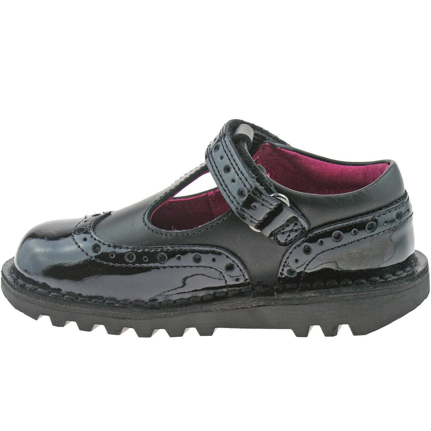 Girls Infant Kickers Kick T-bar Black Brogue Patent Leather School Shoes 1-13446