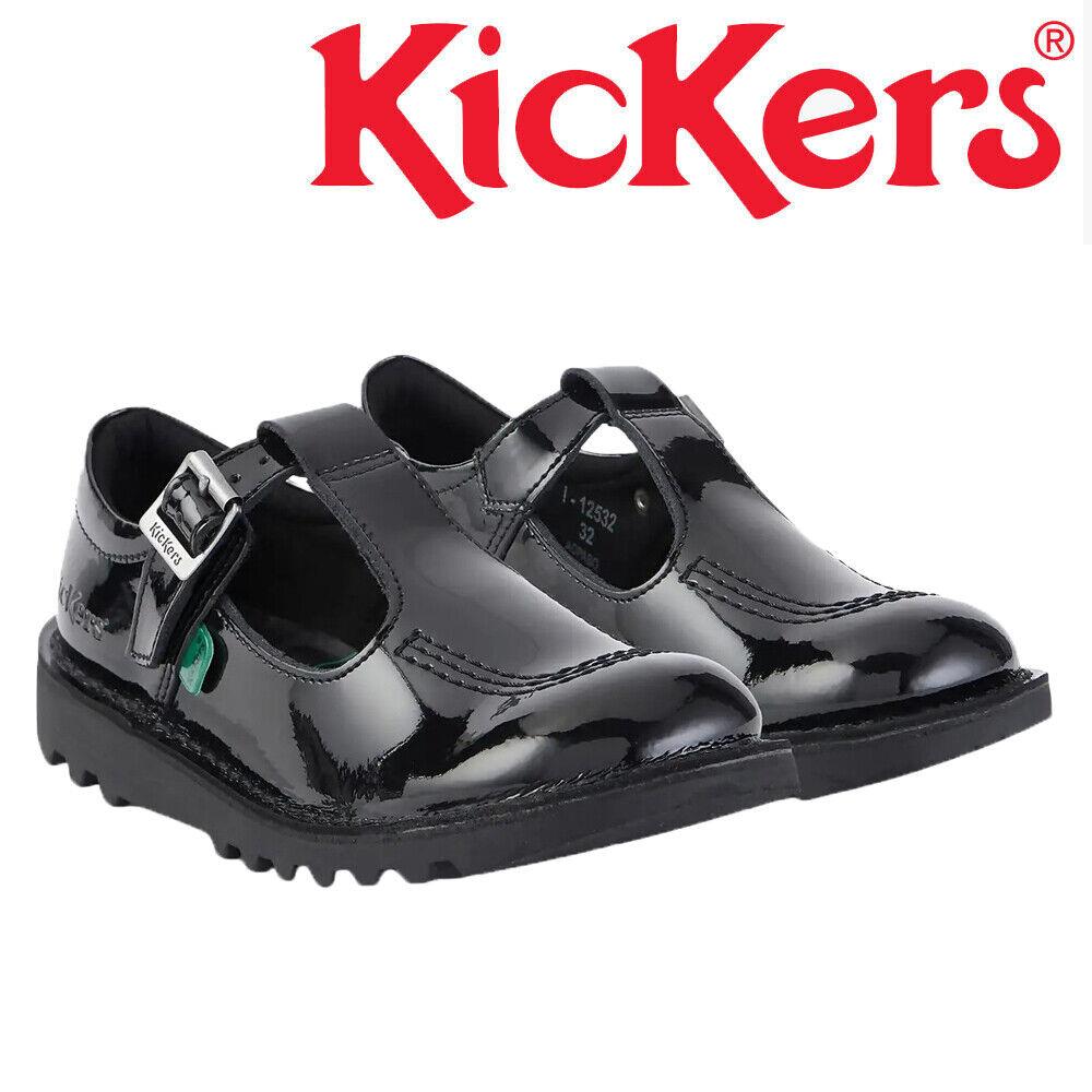 Girls Kids Kickers Kick T Black Patent Leather School Shoes 1-12532