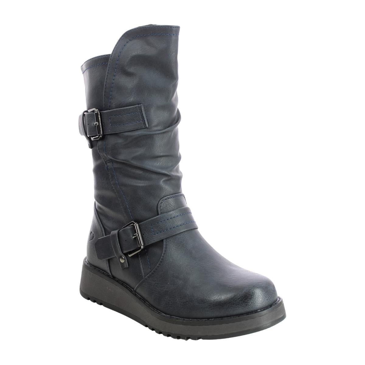 Heavenly Feet Hannah Navy Mid-Calf Low Wedge Vegan Boots