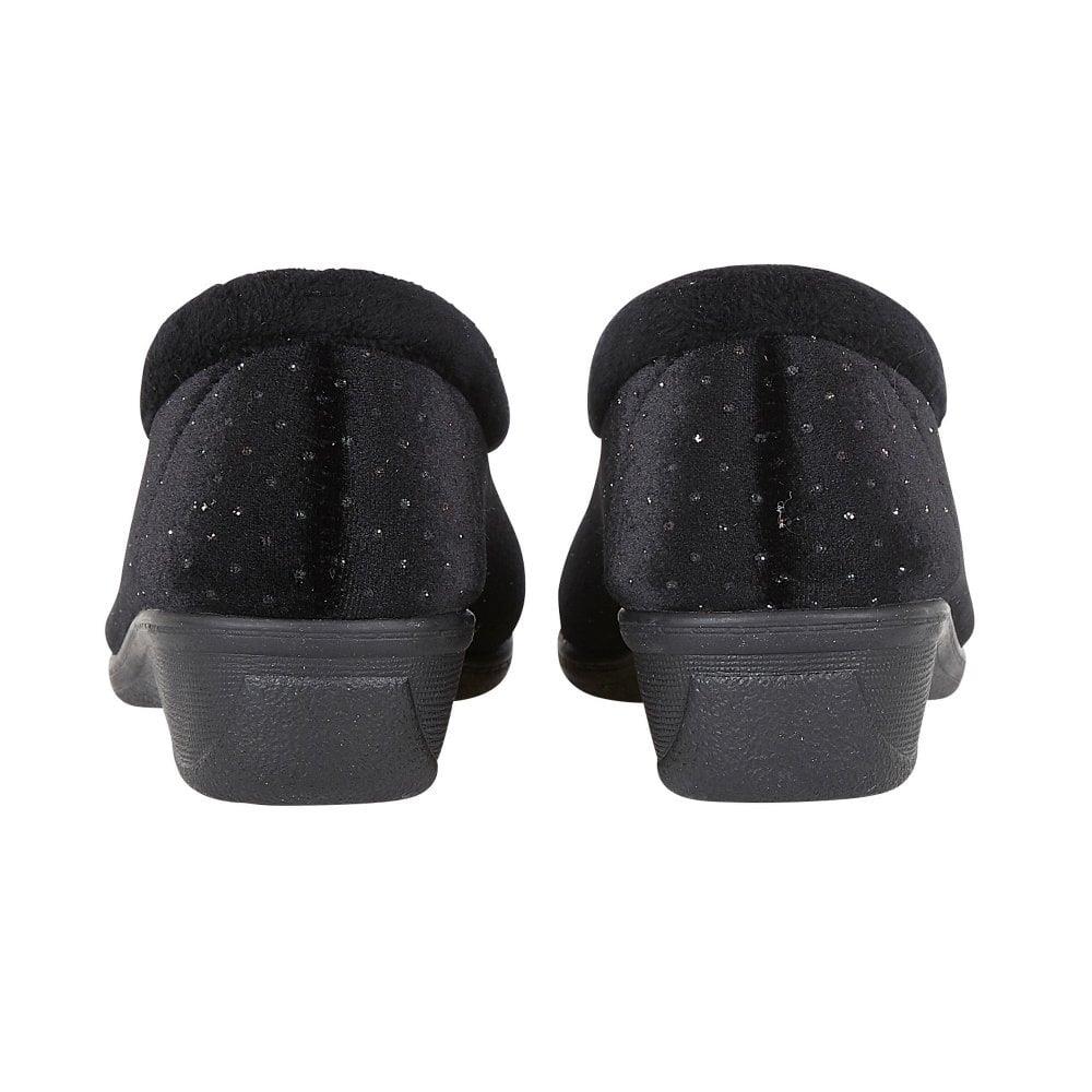 Lotus Ladies Beverley Black Sparkly Slip On Wedge Slippers
