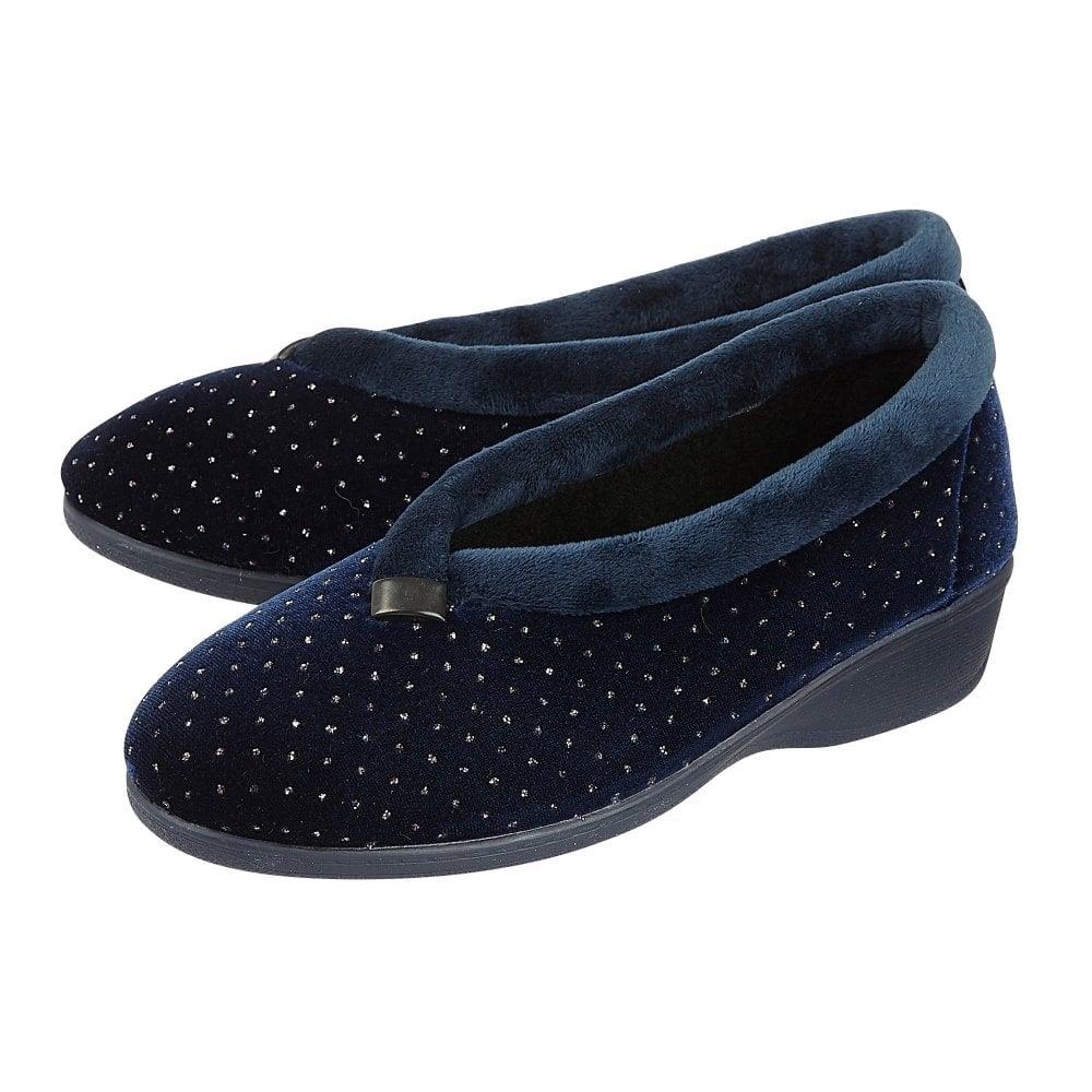 Lotus Ladies Beverley Navy Sparkly Slip On Wedge Slippers