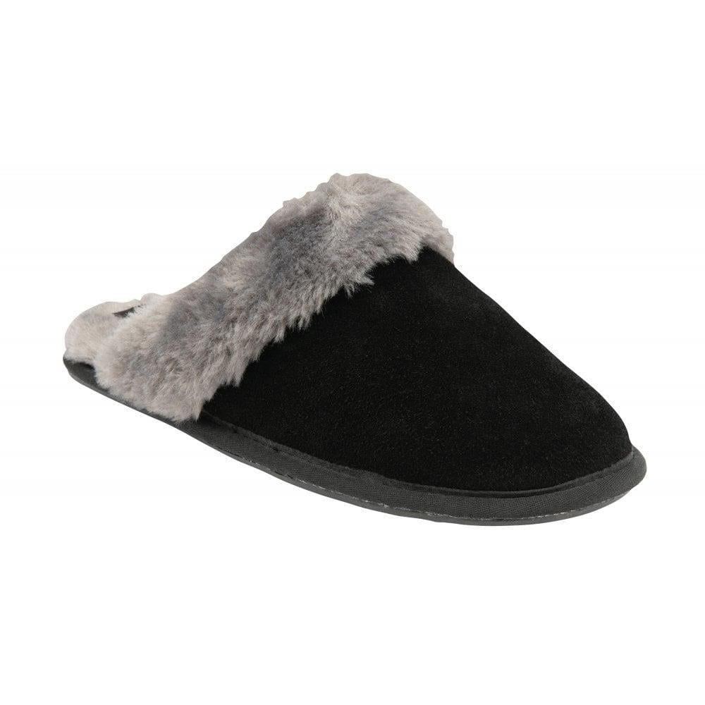 Lotus Ladies Eldora Black Faux Fur Suede Slip On Mule Slippers