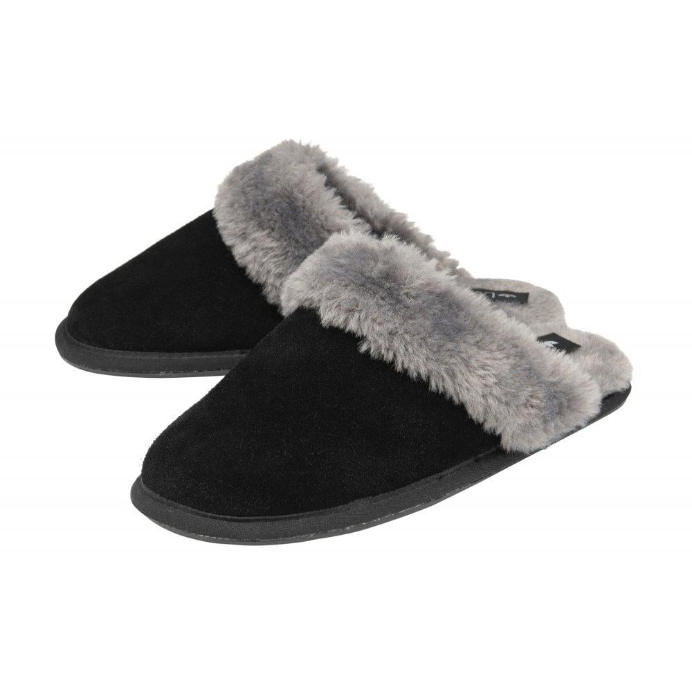 Lotus Ladies Eldora Black Faux Fur Suede Slip On Mule Slippers