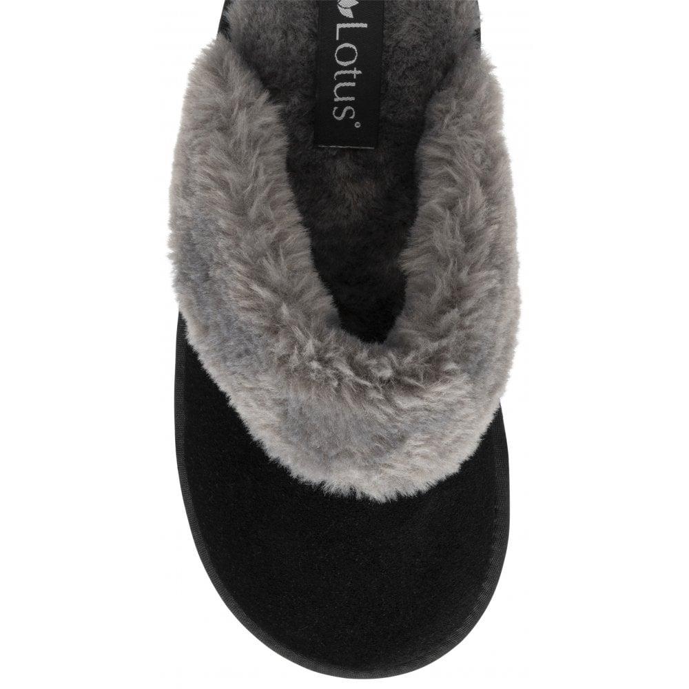 Lotus Ladies Eldora Black Faux Fur Suede Slip On Mule Slippers