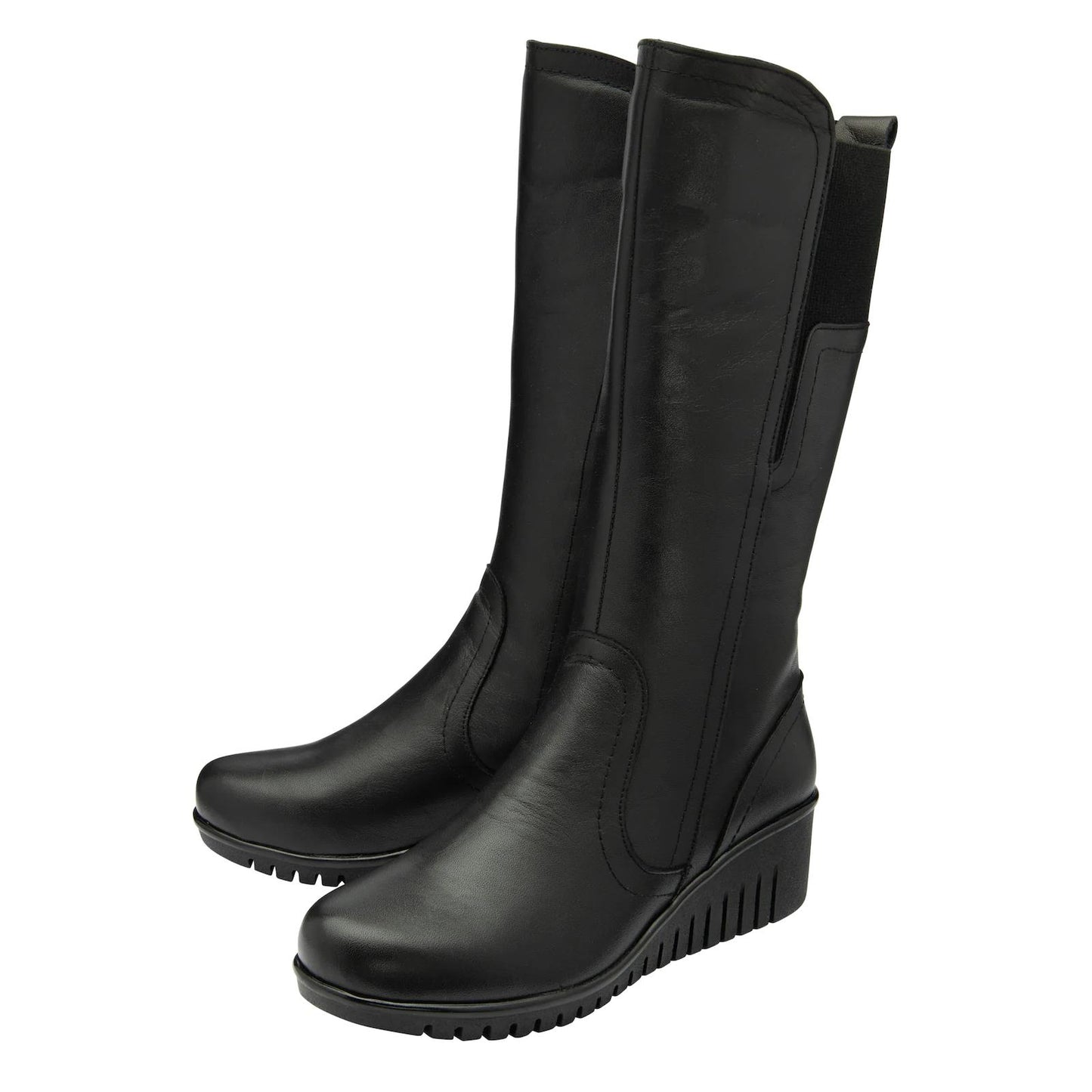 Lotus Ladies Fitzgerald Black Leather Mid-Calf Elasticated Wedge Boots