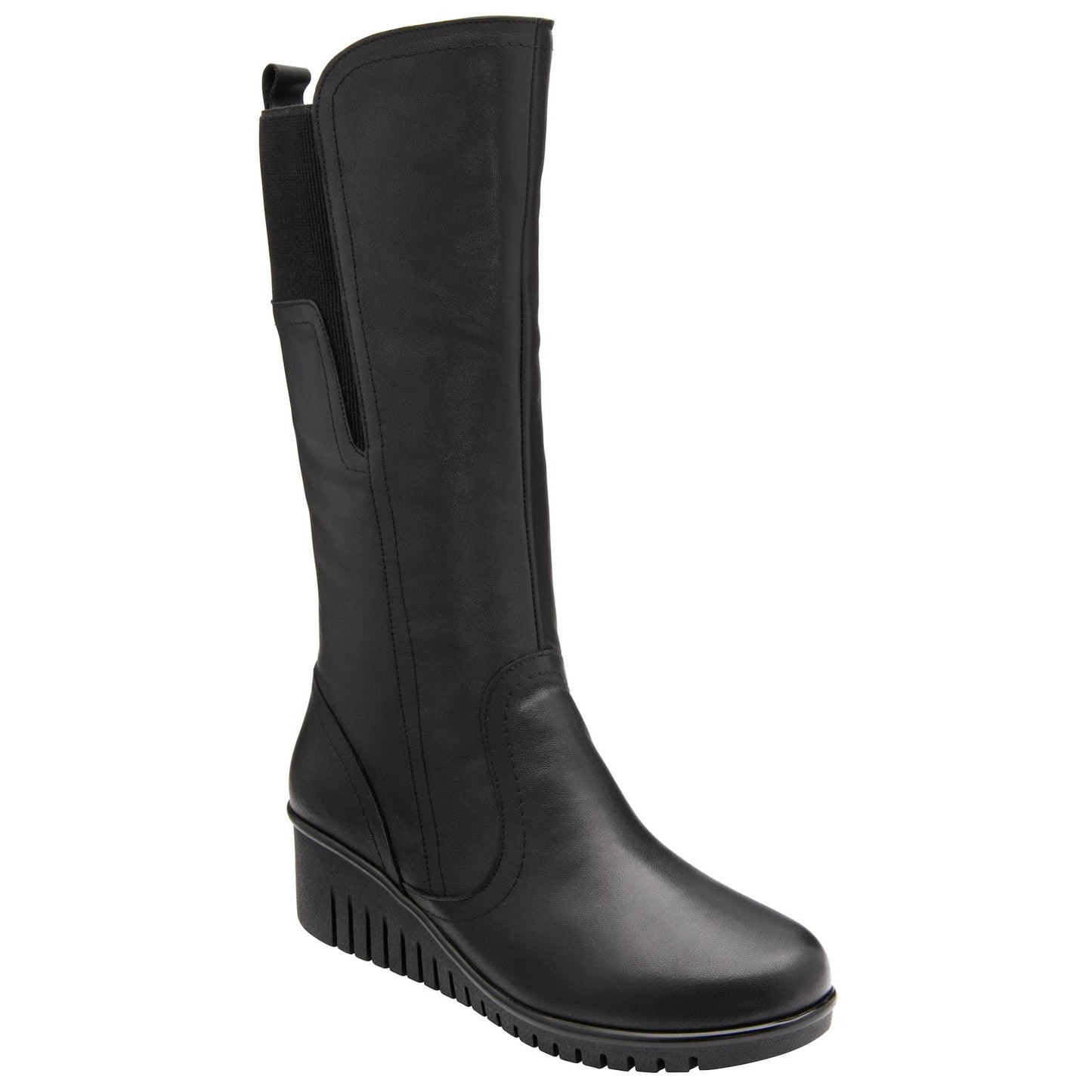 Lotus Ladies Fitzgerald Black Leather Mid-Calf Elasticated Wedge Boots