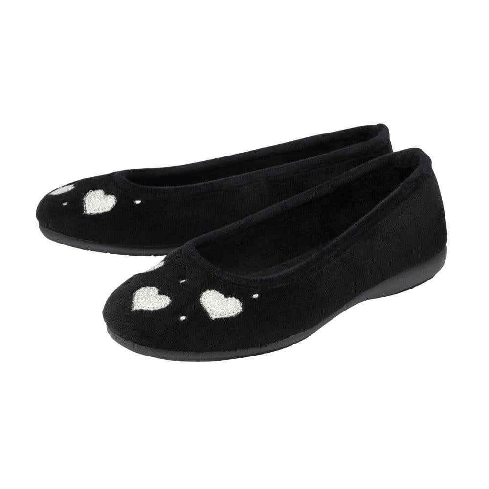 Lotus Ladies Lois Black Silver Glitter Heart Slip On Slippers
