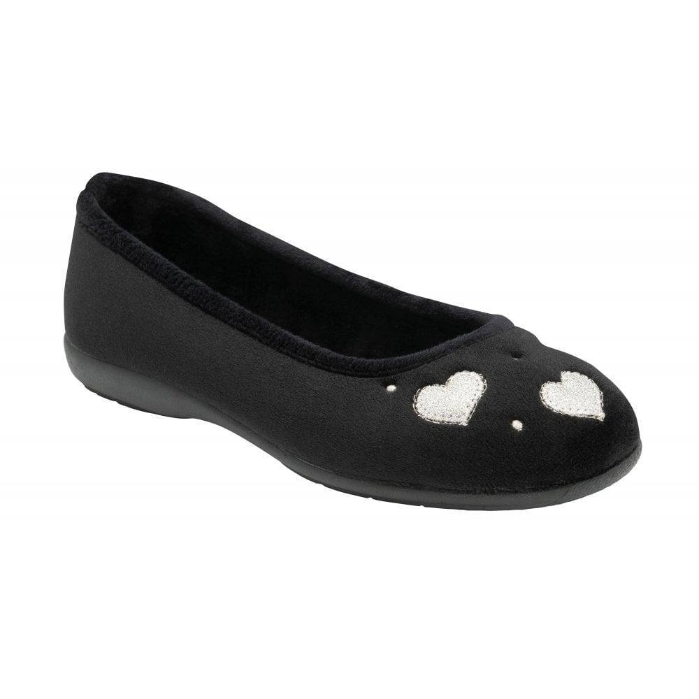Lotus Ladies Lois Black Silver Glitter Heart Slip On Slippers