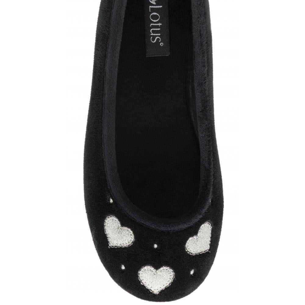 Lotus Ladies Lois Black Silver Glitter Heart Slip On Slippers