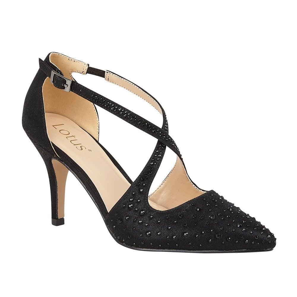 Lotus Ladies Panache Black Diamante Cross Over Prom Occasion Stiletto Court Shoes