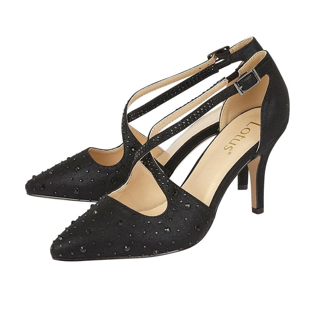 Lotus Ladies Panache Black Diamante Cross Over Prom Occasion Stiletto Court Shoes
