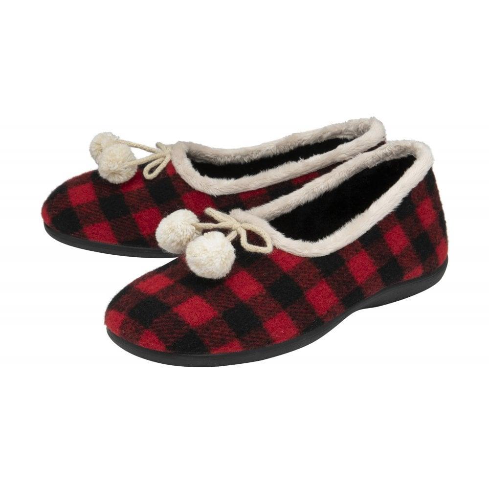 Lotus Ladies Pippa Red Check Faux Fur Memory Foam Full Slippers