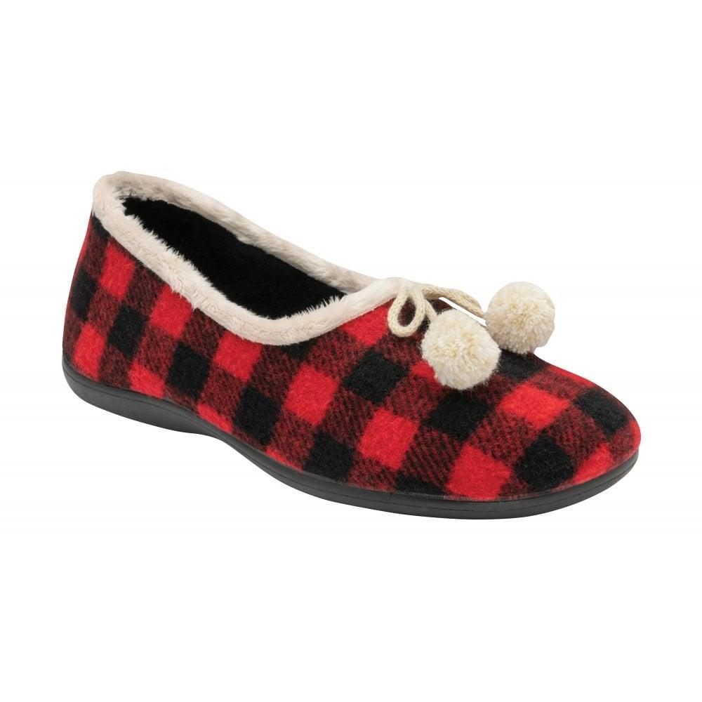 Lotus Ladies Pippa Red Check Faux Fur Memory Foam Full Slippers