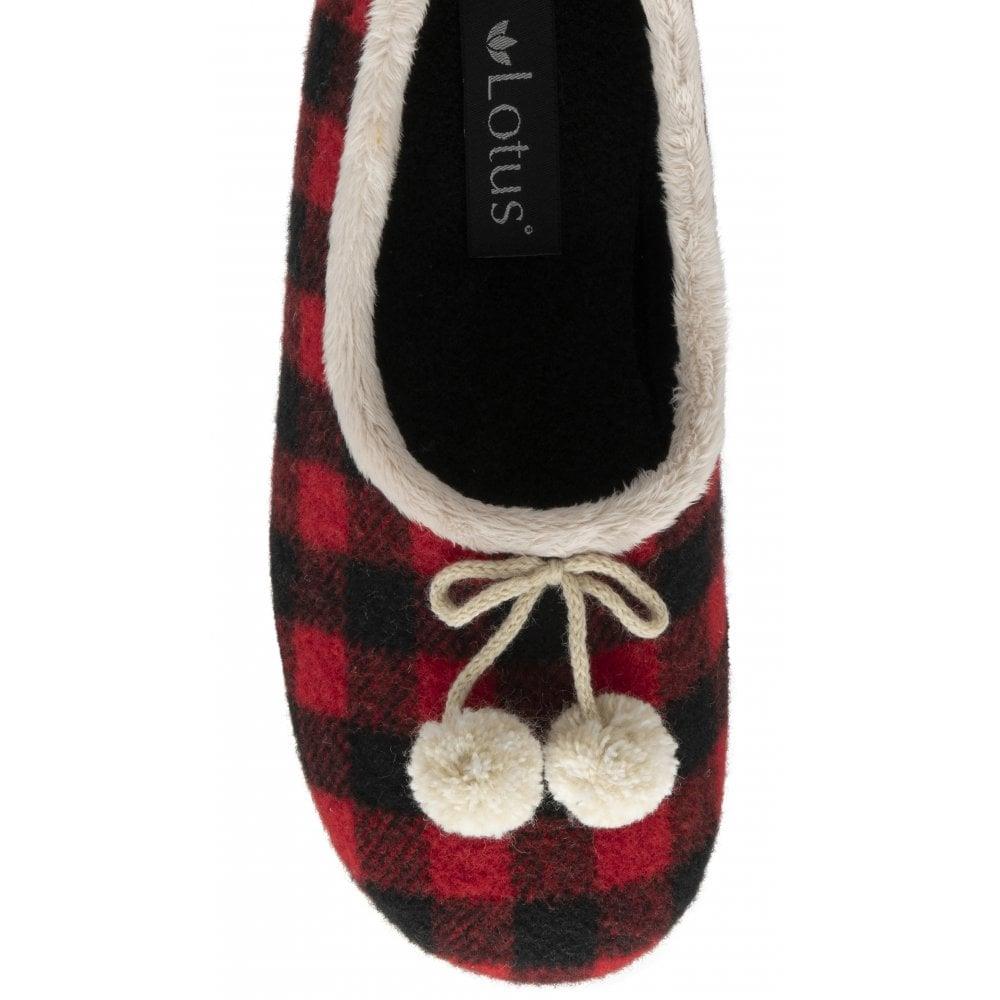 Lotus Ladies Pippa Red Check Faux Fur Memory Foam Full Slippers
