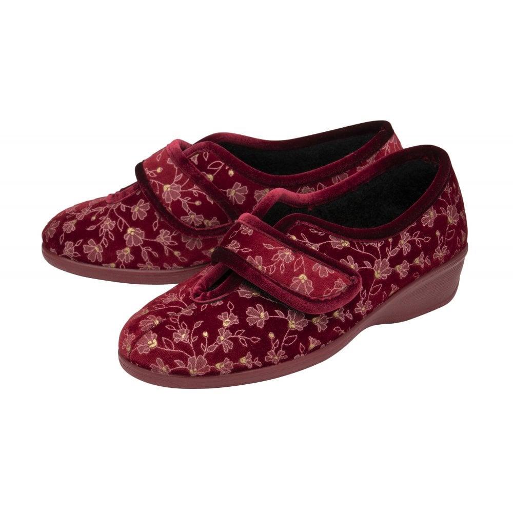 Lotus Ladies Wilma Bordeaux Floral Adjustable Wedge Slippers