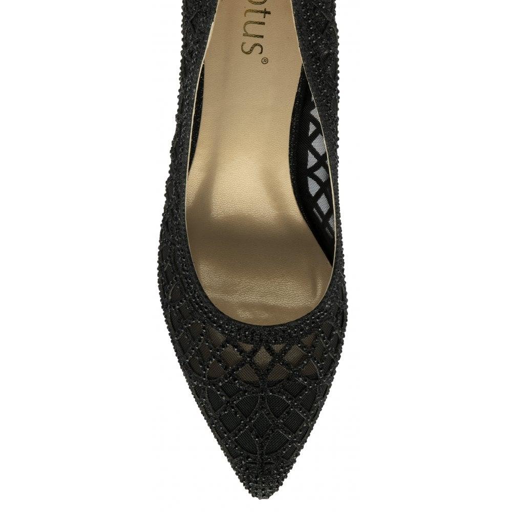 Lotus Love Black Sparkly Low Heeled Kitten Court Shoe