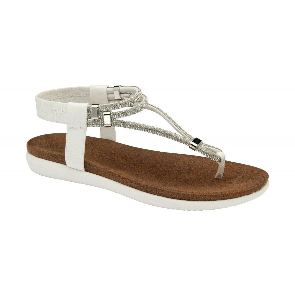 Lotus Womens Chica White Diamante Toe Post Thong Strap Sandals