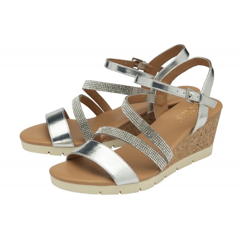 Lotus Womens Goldie Silver Diamante Wedge Sandals Shoes