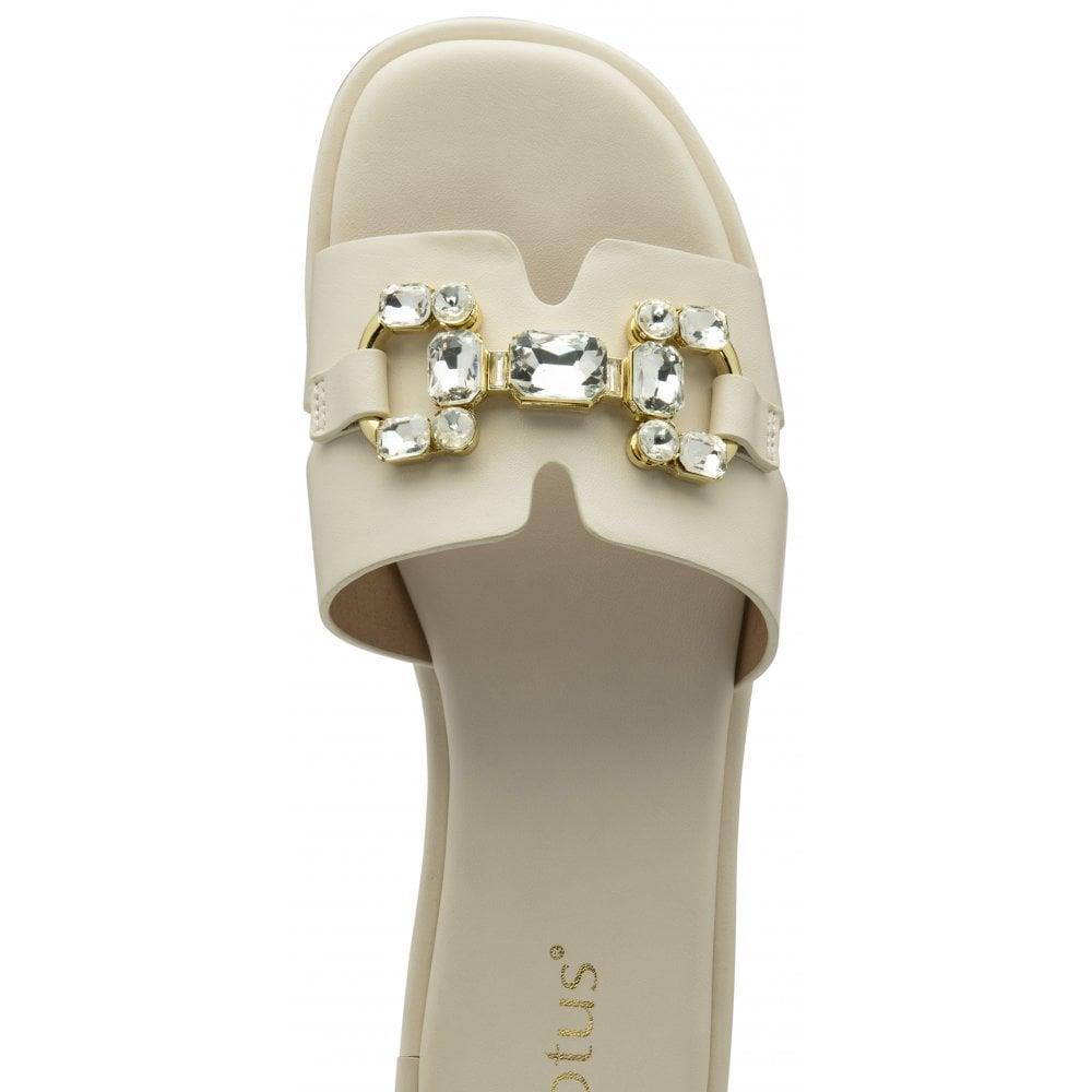 Lotus Ladies Fano White Crystal Slip On Flat Faux Leather Sandals