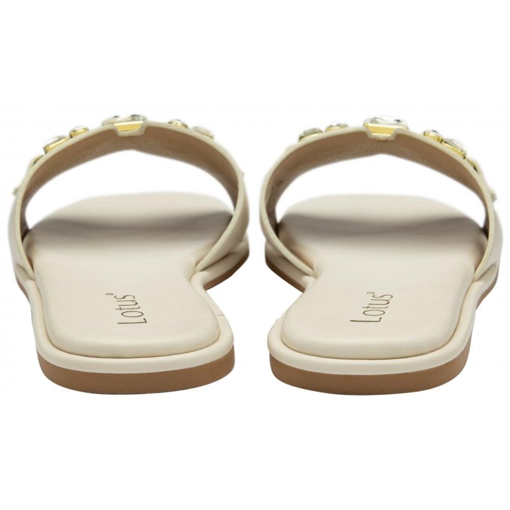 Lotus Ladies Fano White Crystal Slip On Flat Faux Leather Sandals
