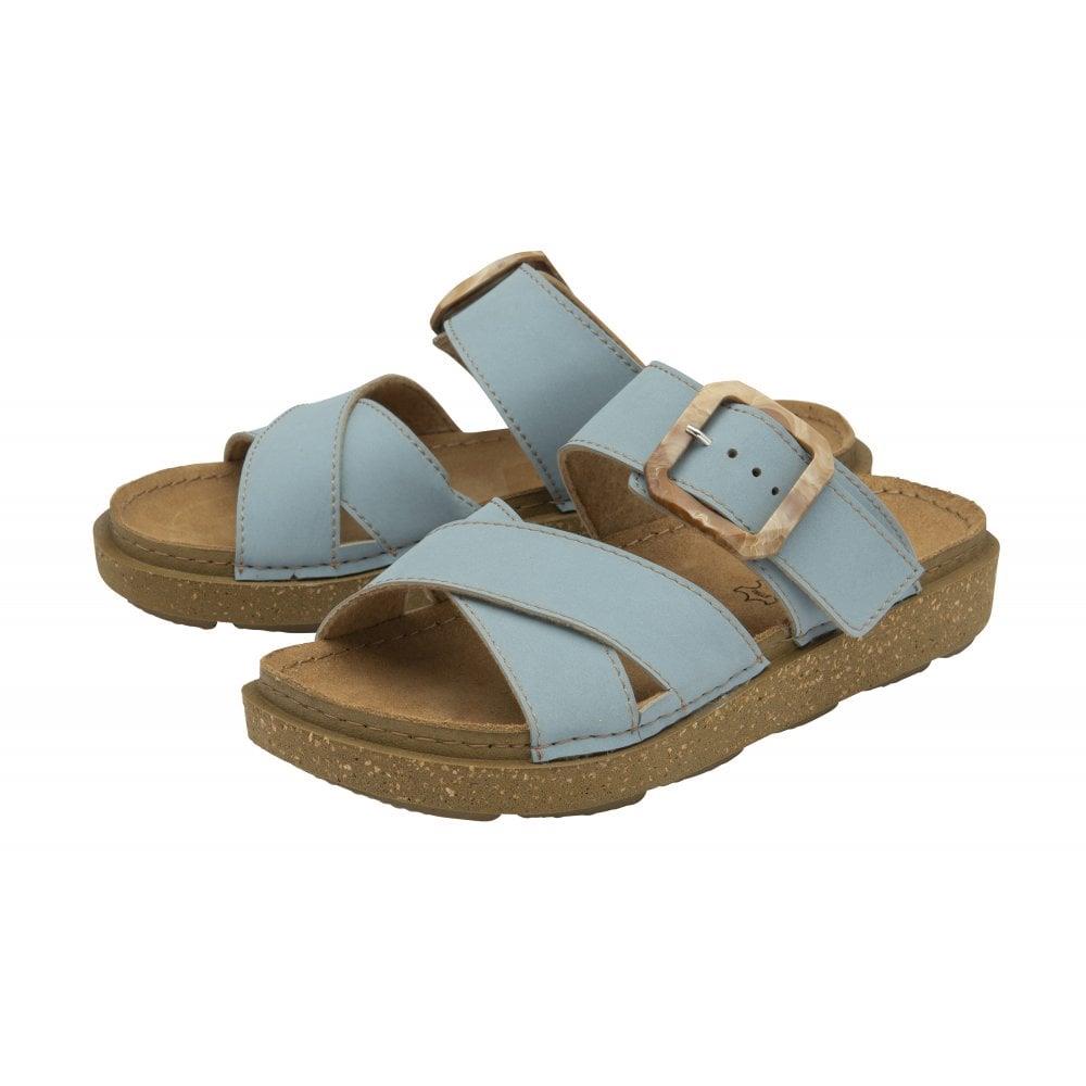 Lotus Ladies Assenza Blue Faux Leather Slip On Mule Cork Effect Strap Sandals