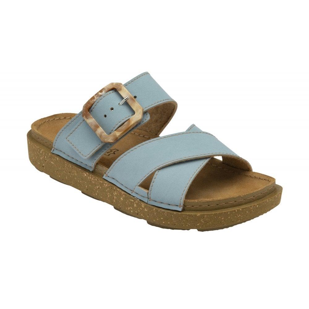 Lotus Ladies Assenza Blue Faux Leather Slip On Mule Cork Effect Strap Sandals