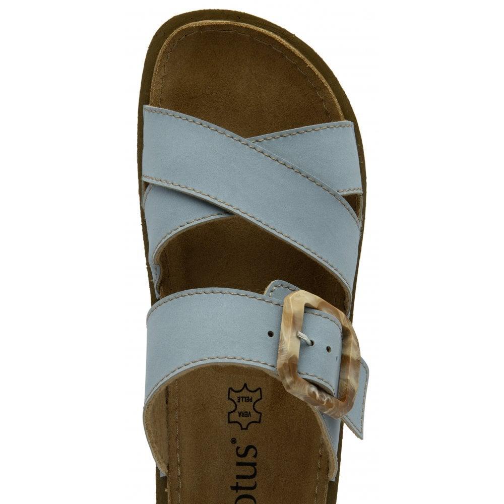 Lotus Ladies Assenza Blue Faux Leather Slip On Mule Cork Effect Strap Sandals