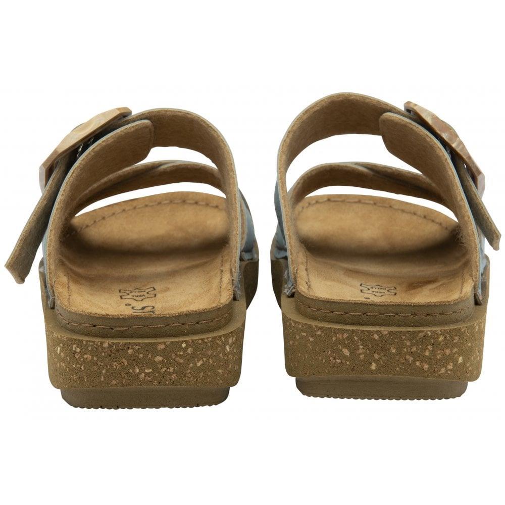 Lotus Ladies Assenza Blue Faux Leather Slip On Mule Cork Effect Strap Sandals