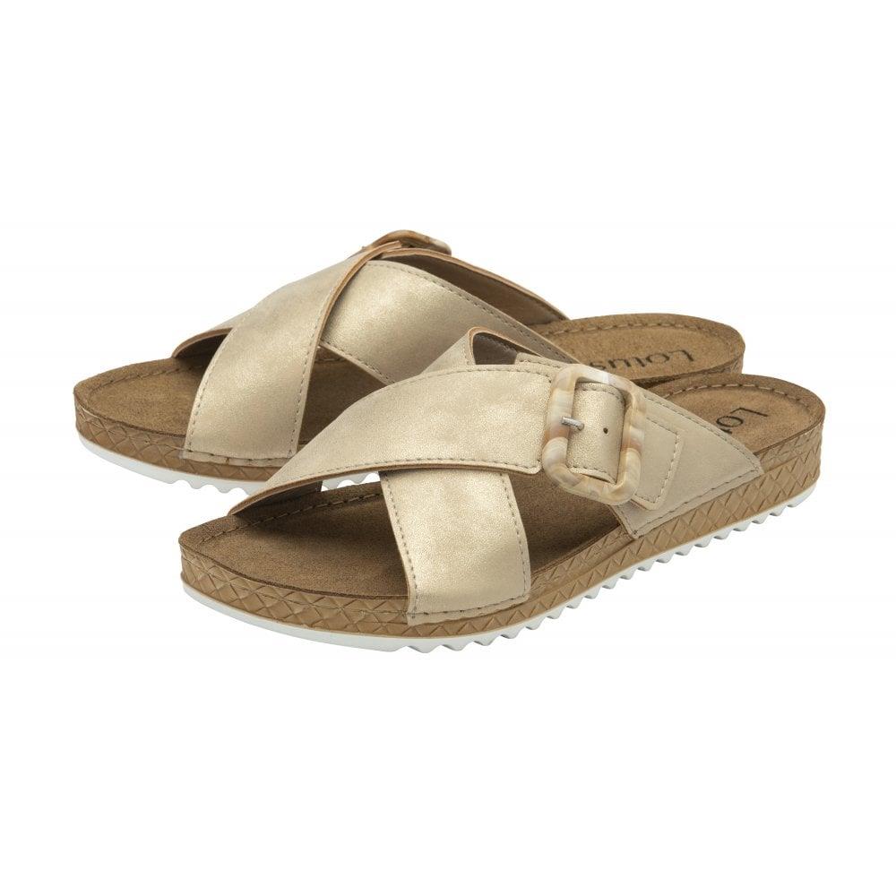 Lotus Ladies Torbole Sand/Bronze Metallic Crossover Slip On Mule Sandals