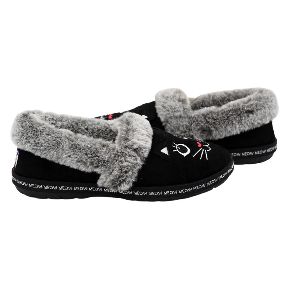 Ladies Skechers Too Cozy Meow Pajamas Black Faux Fur Slippers 33355/BLK