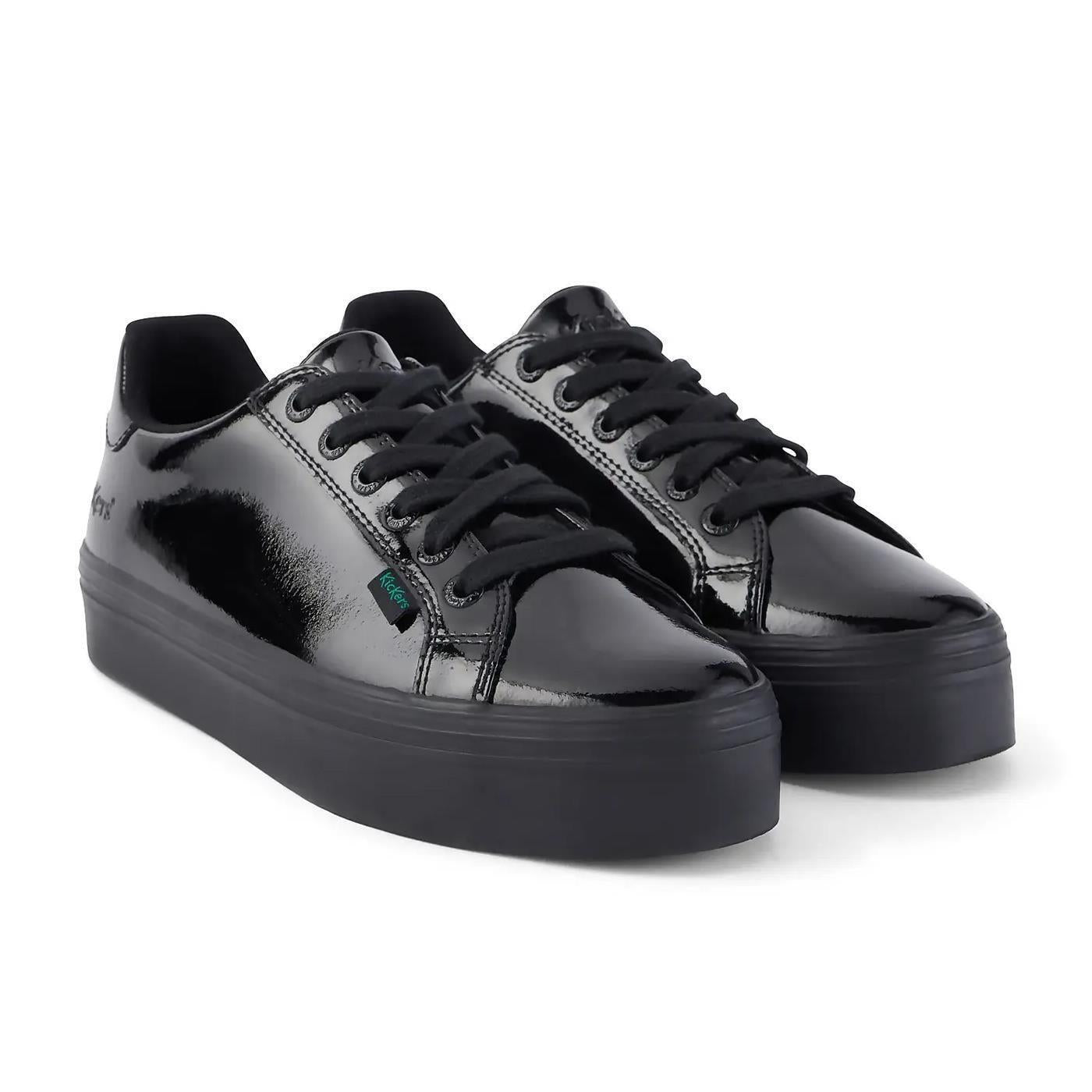 Kickers Youths Tovni Stack Black Patent Lace Up School Shoes 116247