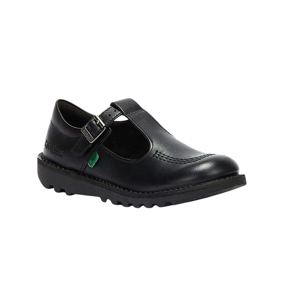 Kickers Girls Kick T Bar J Core Black Leather School Shoes 1-KF0000849BTW