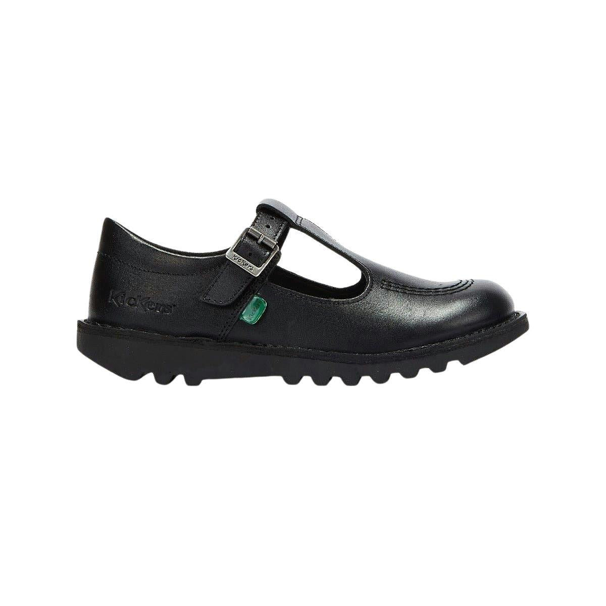 Kickers Girls Kick T Bar J Core Black Leather School Shoes 1-KF0000849BTW