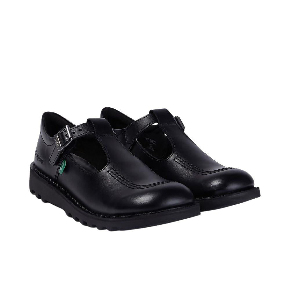 Girls Kickers KicK T Y Black Leather T Bar School Shores 1-KF0001002BTW