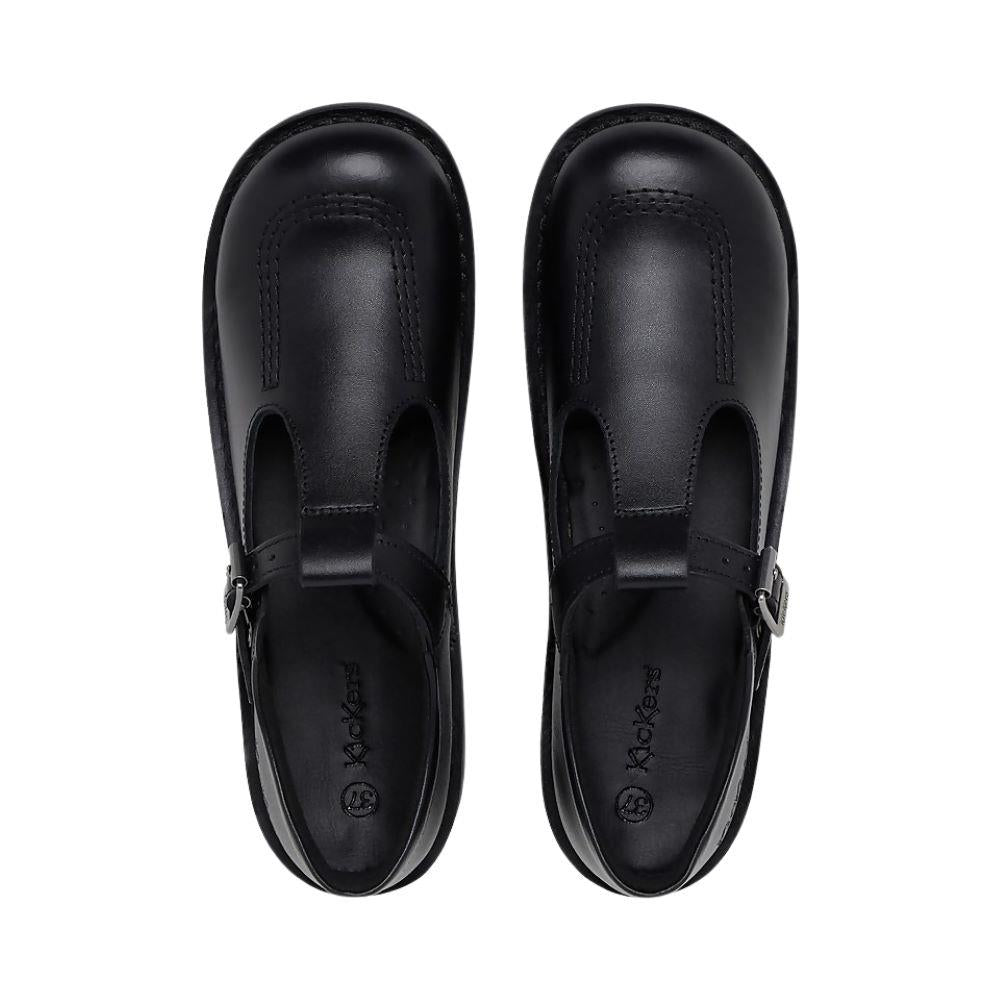 Girls Kickers KicK T Y Black Leather T Bar School Shores 1-KF0001002BTW