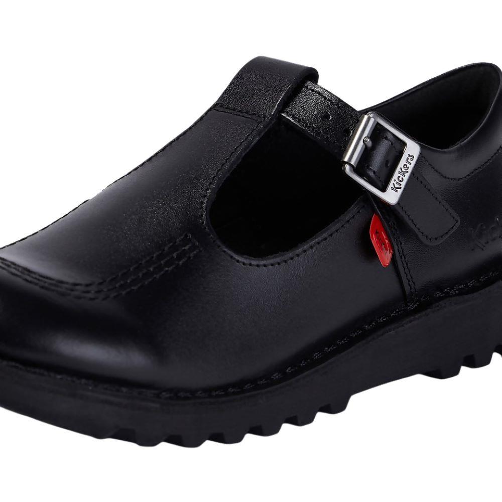 Girls Kickers KicK T Y Black Leather T Bar School Shores 1-KF0001002BTW