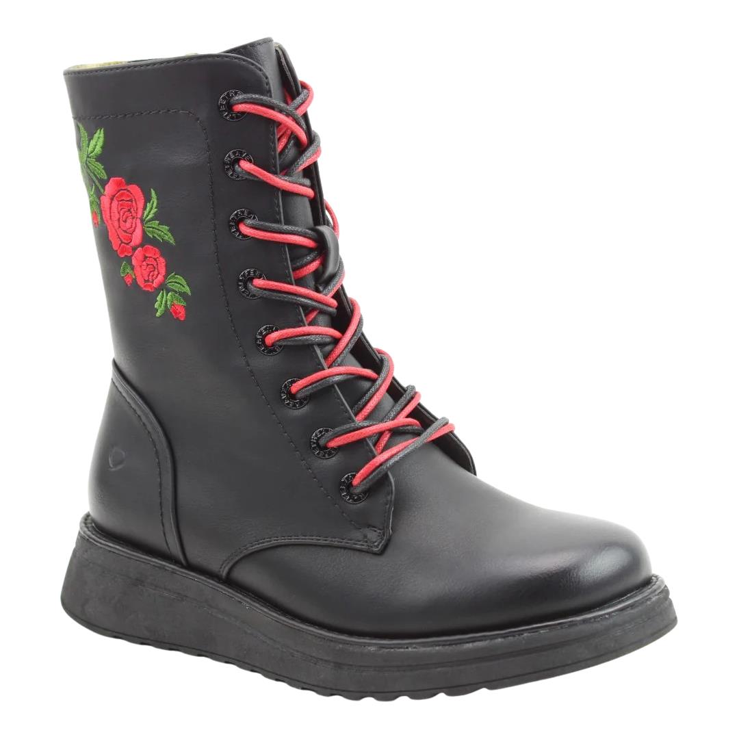 Heavenly Feet Womens Martina 4 Rose Lace Up Black Vegan Mid Boots