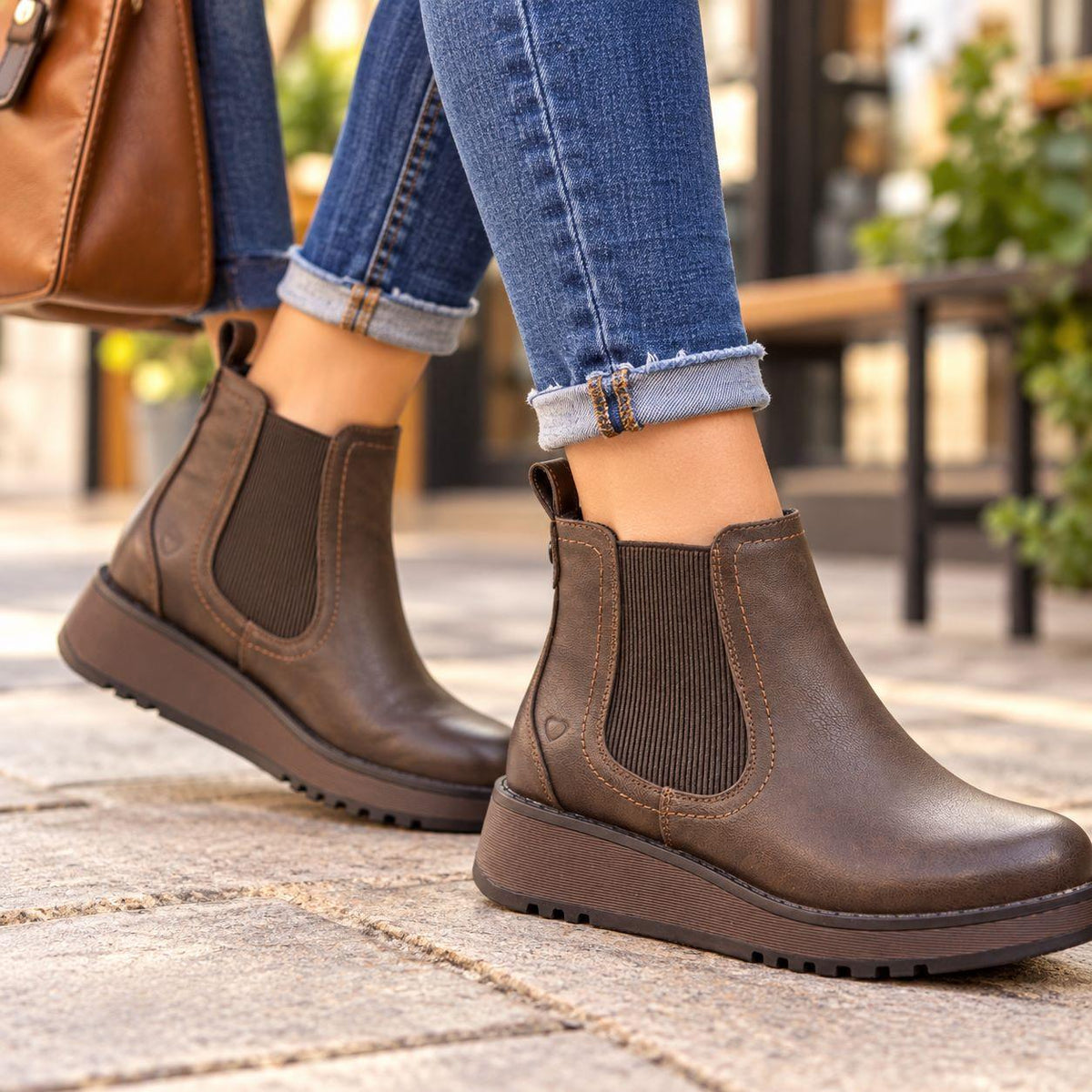Heavenly Feet Womens New Rolo 2 Chocolate Low Wedge Faux Leather Ankle Boots