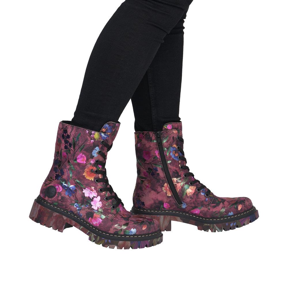 Rieker Women's Floral Ankle Boots Bordeaux Fleece Lined 72627-92
